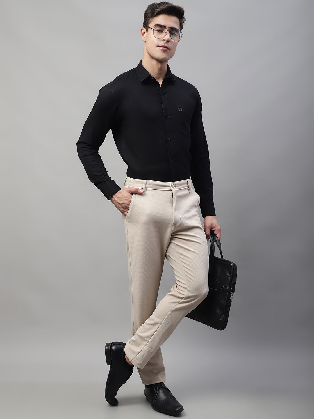 Jainish Men's Cream Tapered Fit Formal Trousers 