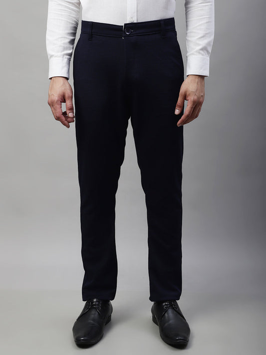 Jainish Men's Navy Blue Tapered Fit Formal Trousers 