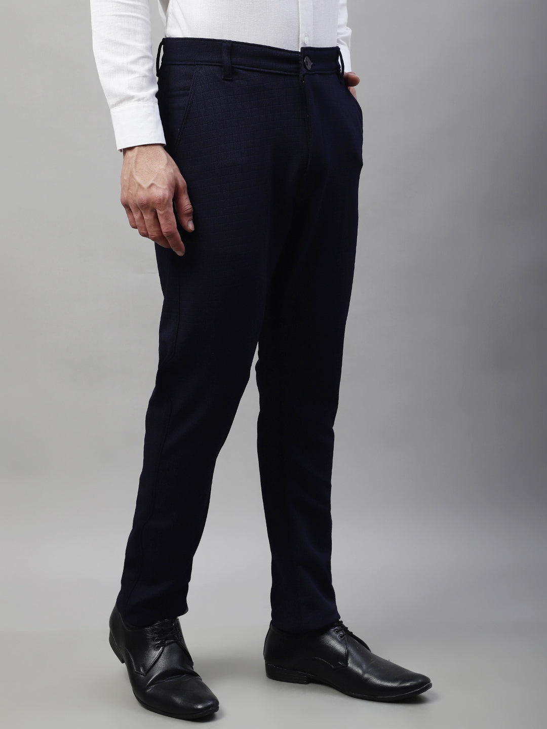 Jainish Men's Navy Blue Tapered Fit Formal Trousers 