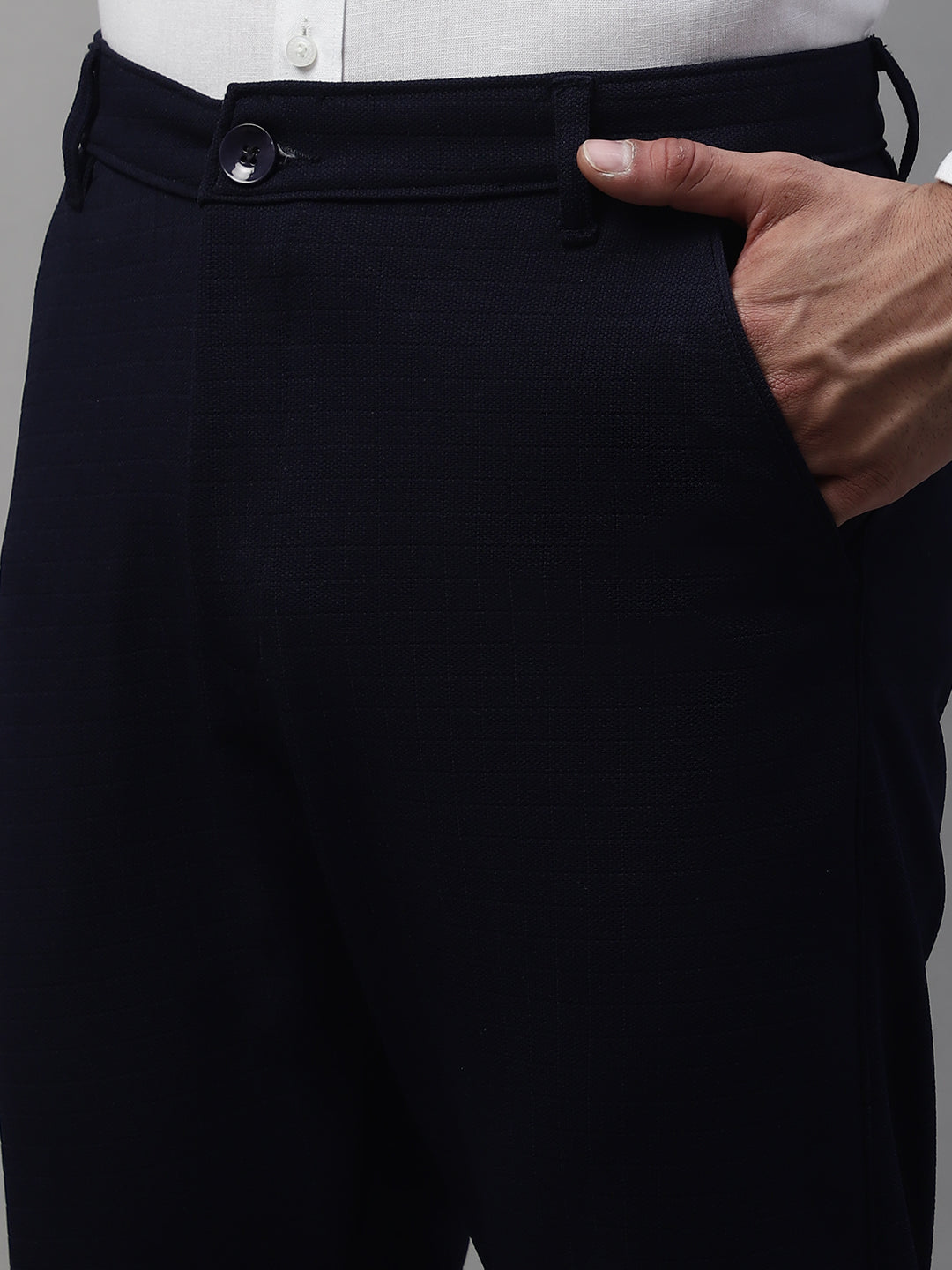 Jainish Men's Navy Blue Tapered Fit Formal Trousers 