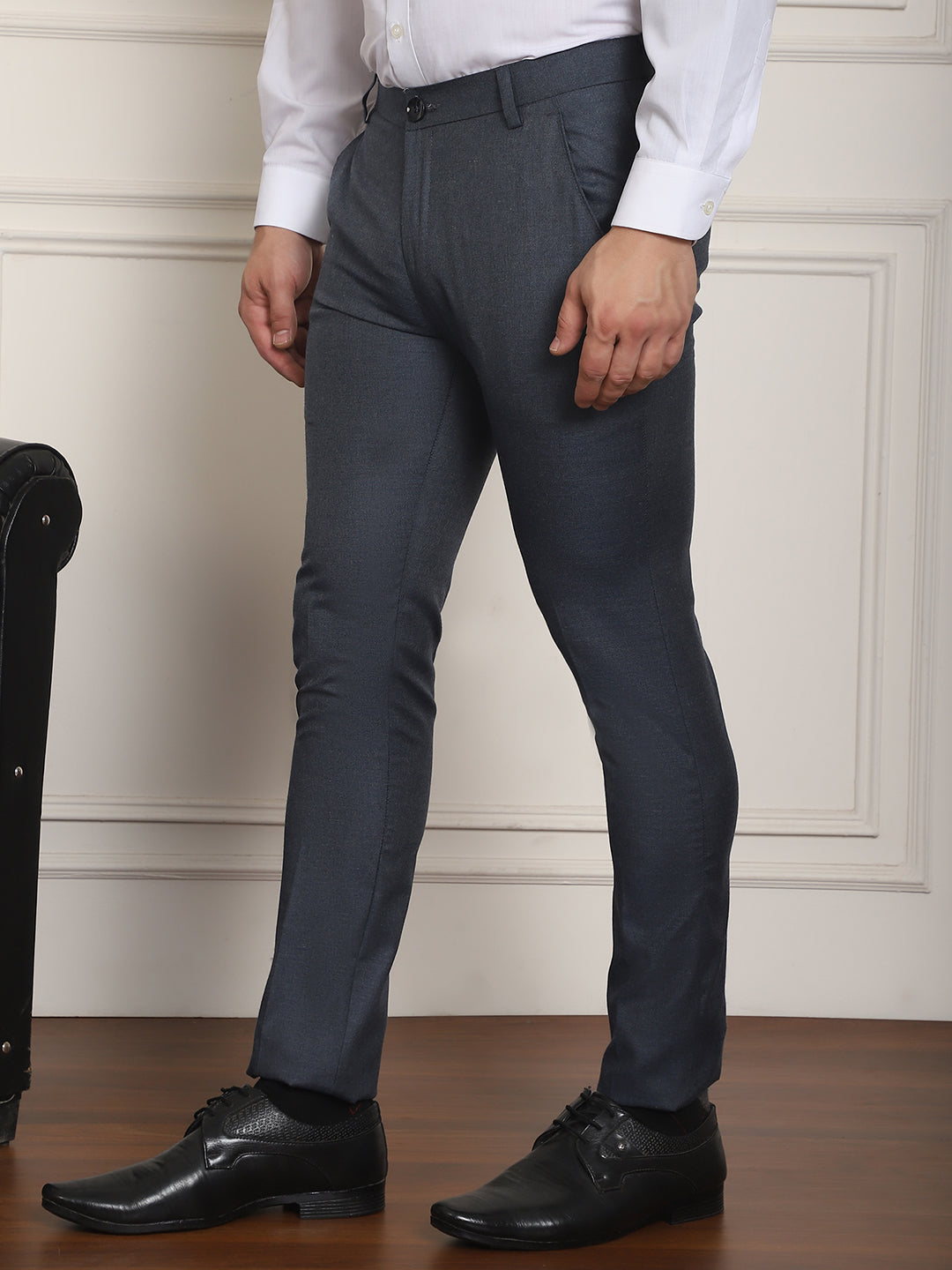 Indian Needle Men's Tapered Fit Solid Trousers - Charcoal 