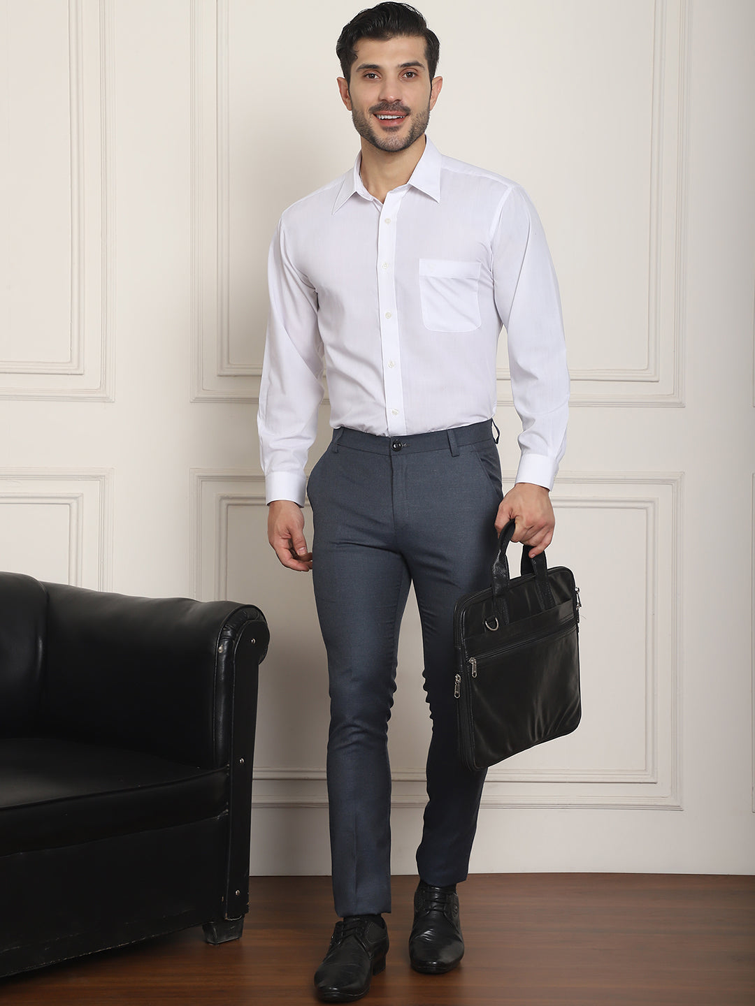 Indian Needle Men's Tapered Fit Solid Trousers - Charcoal 