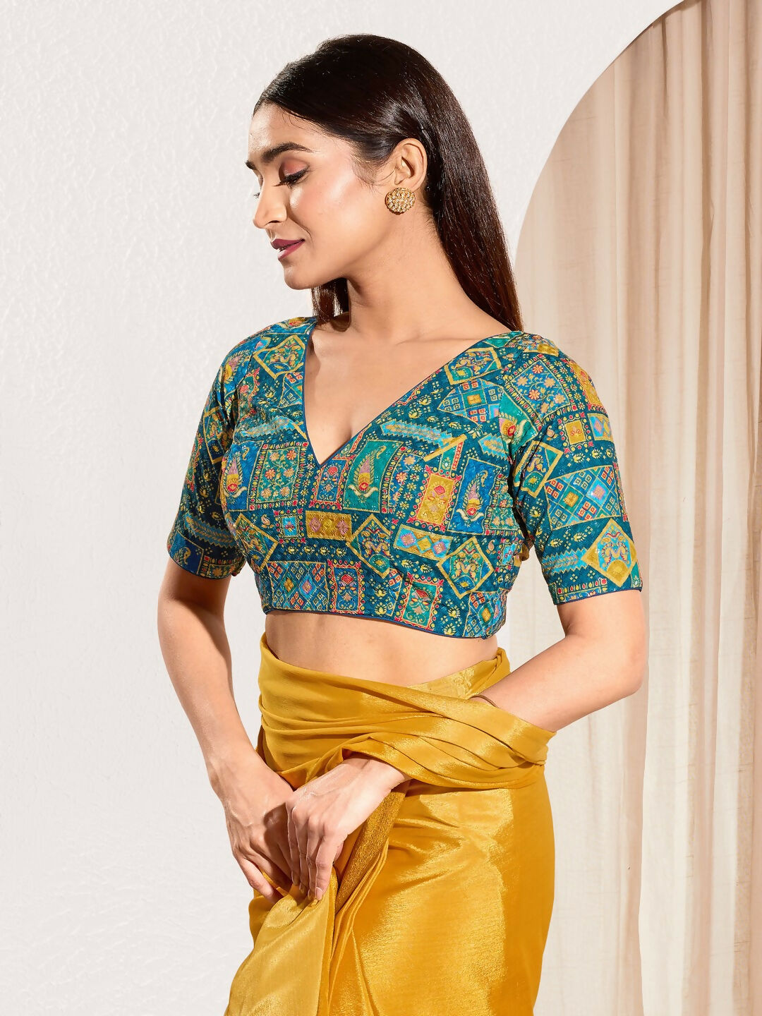 Joban Fashion Fire Blue Viscose Rayon Padded Blouse With V Neck Elbow Sleeves