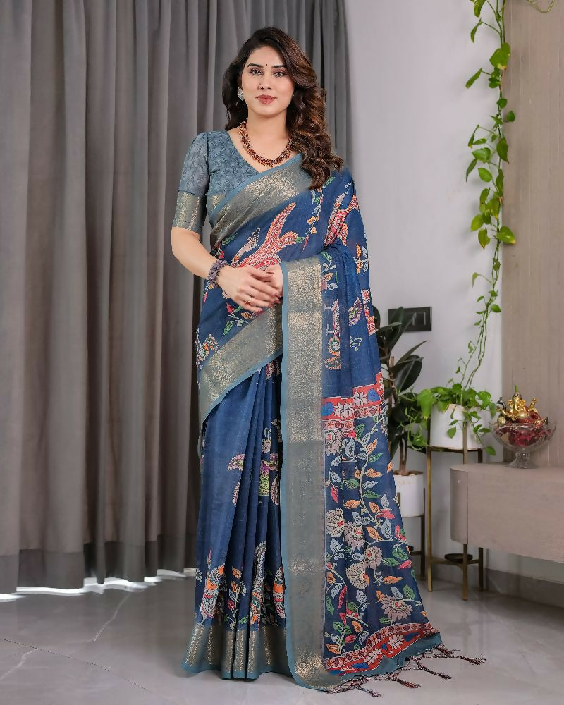 PR Fashion Blue Pure Handloom Linen Saree