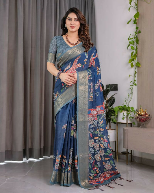 PR Fashion Blue Pure Handloom Linen Saree