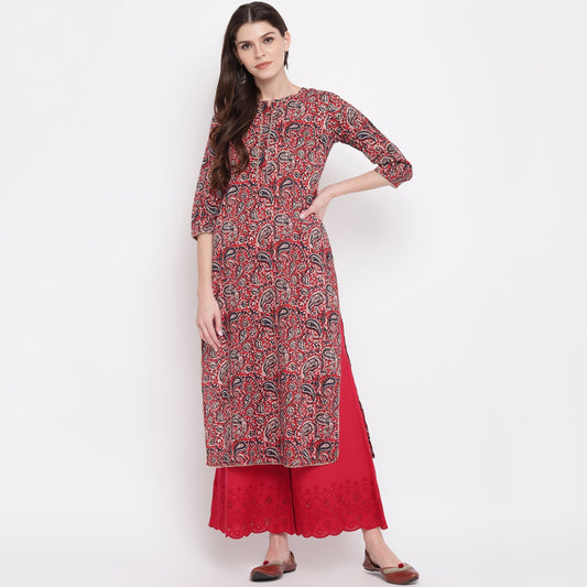 NOZ2TOZ Women's Red Kalamkari Print Cotton Kurta- (1pc set) 
