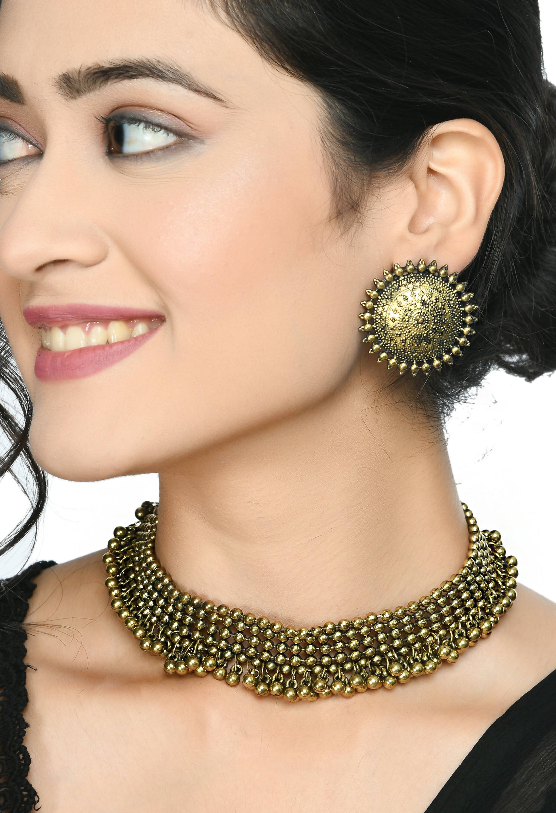 Mominos Fashion Johar Kamal Oxidised Gold-Plated Brass Finish Ghungroo Design Choker Set - Grab2buy