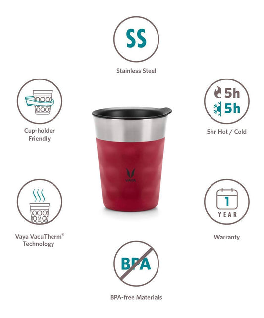 Vaya Popcup Insulated Coffee Mug Tumbler With Lid - 250 ml (Red) 