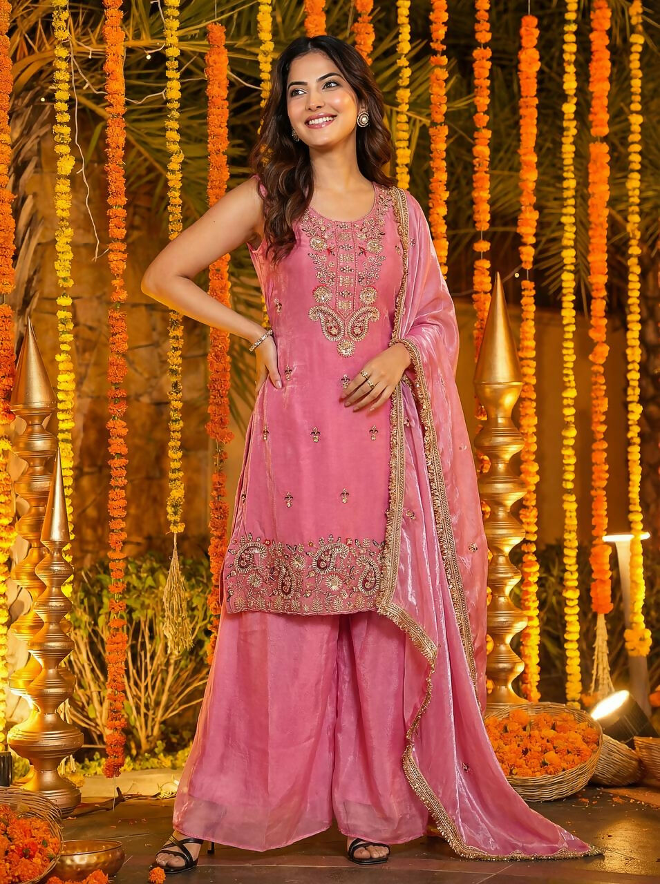 Joban Fashion Pink Silk Embroidered Sharara Set