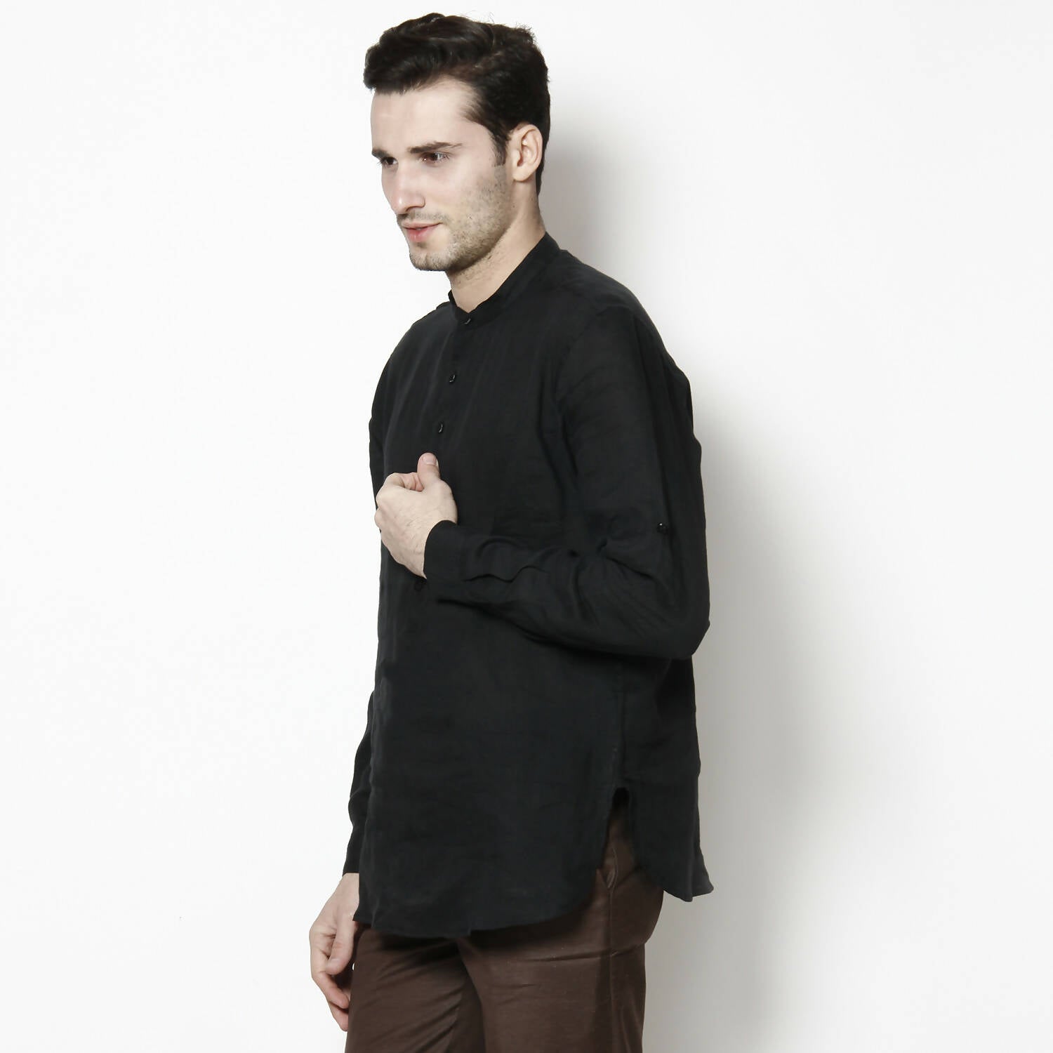 Even Apparels Black Linen Linen Men's Kurta With Band Collar 