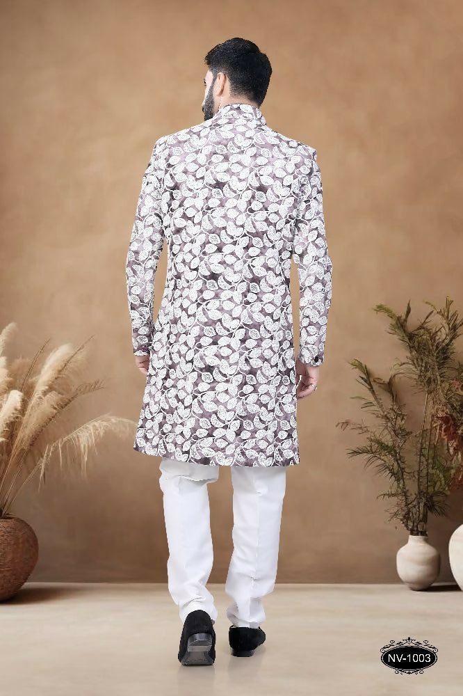 Joban Fashion Men's Brown Straight Swed Velvet Thread & Sequence Embroidery All Over Indo-Western Kurta Set