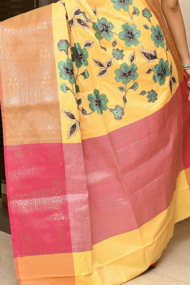 Joban Fashion Yellow Pink Saree Kataan Applick Witch Mirror