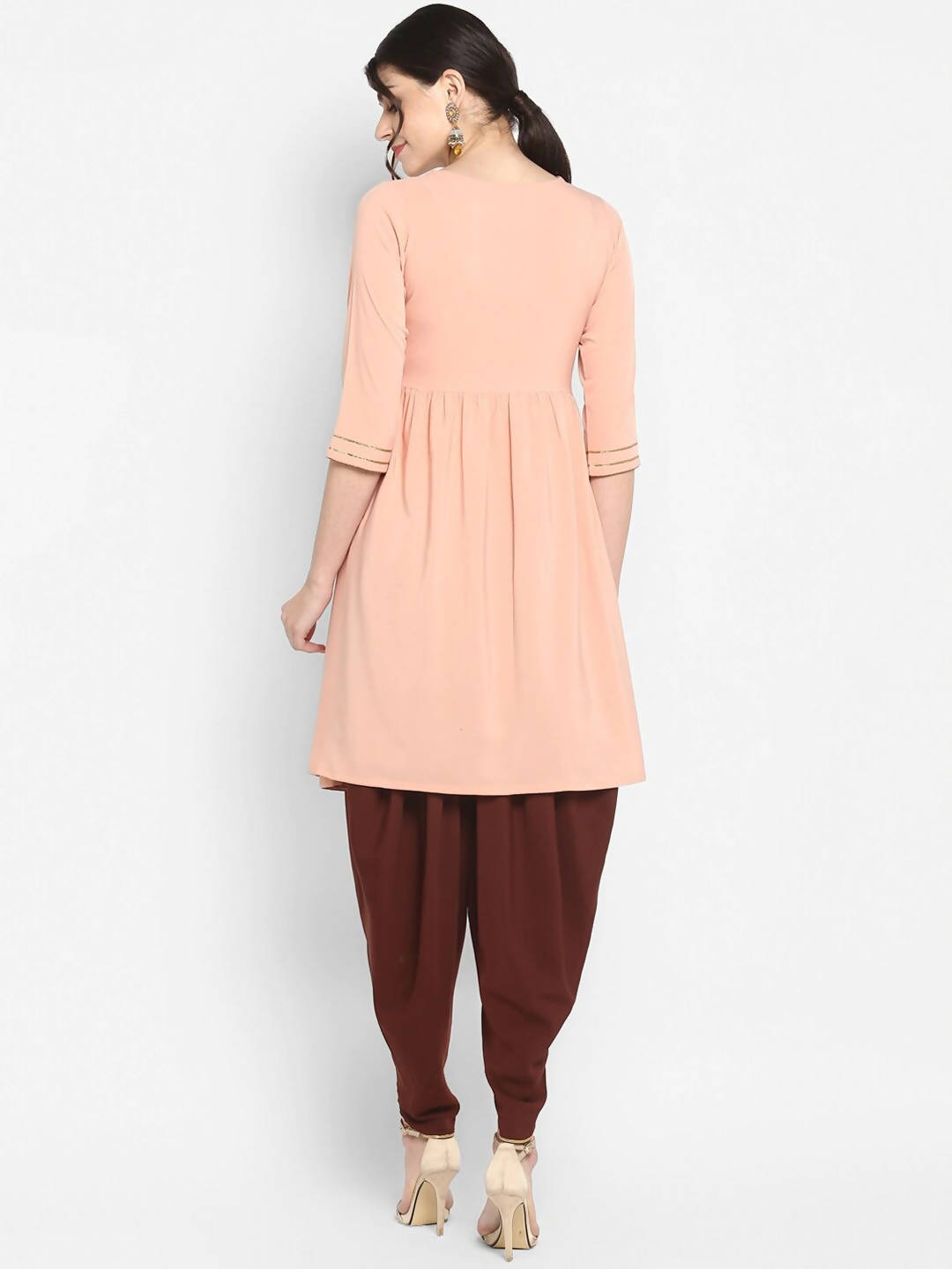Janasya Women Peach-Coloured & Maroon Printed Angrakha Gotta Patti Kurta with Dhoti Pants