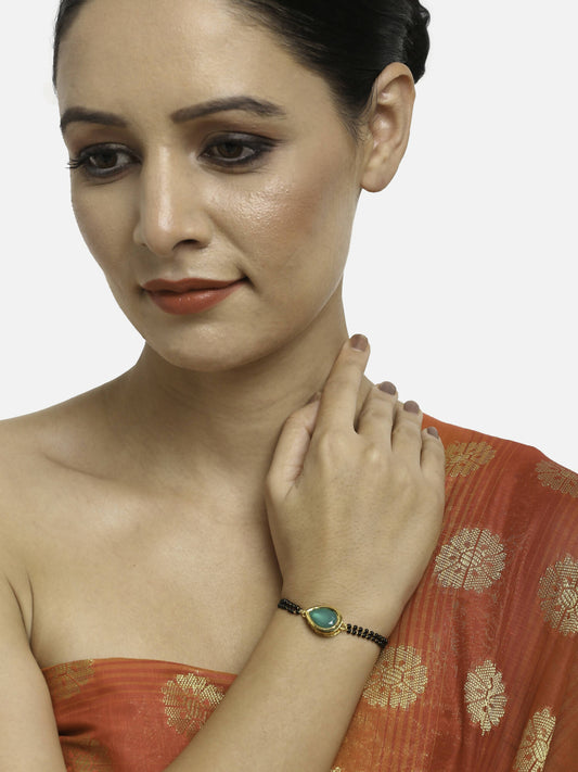 Women's Black Gold-Toned Gold-Plated Kundan Studded Charm Mangalsutra Bracelet - Ruby Raang - Grab2buy