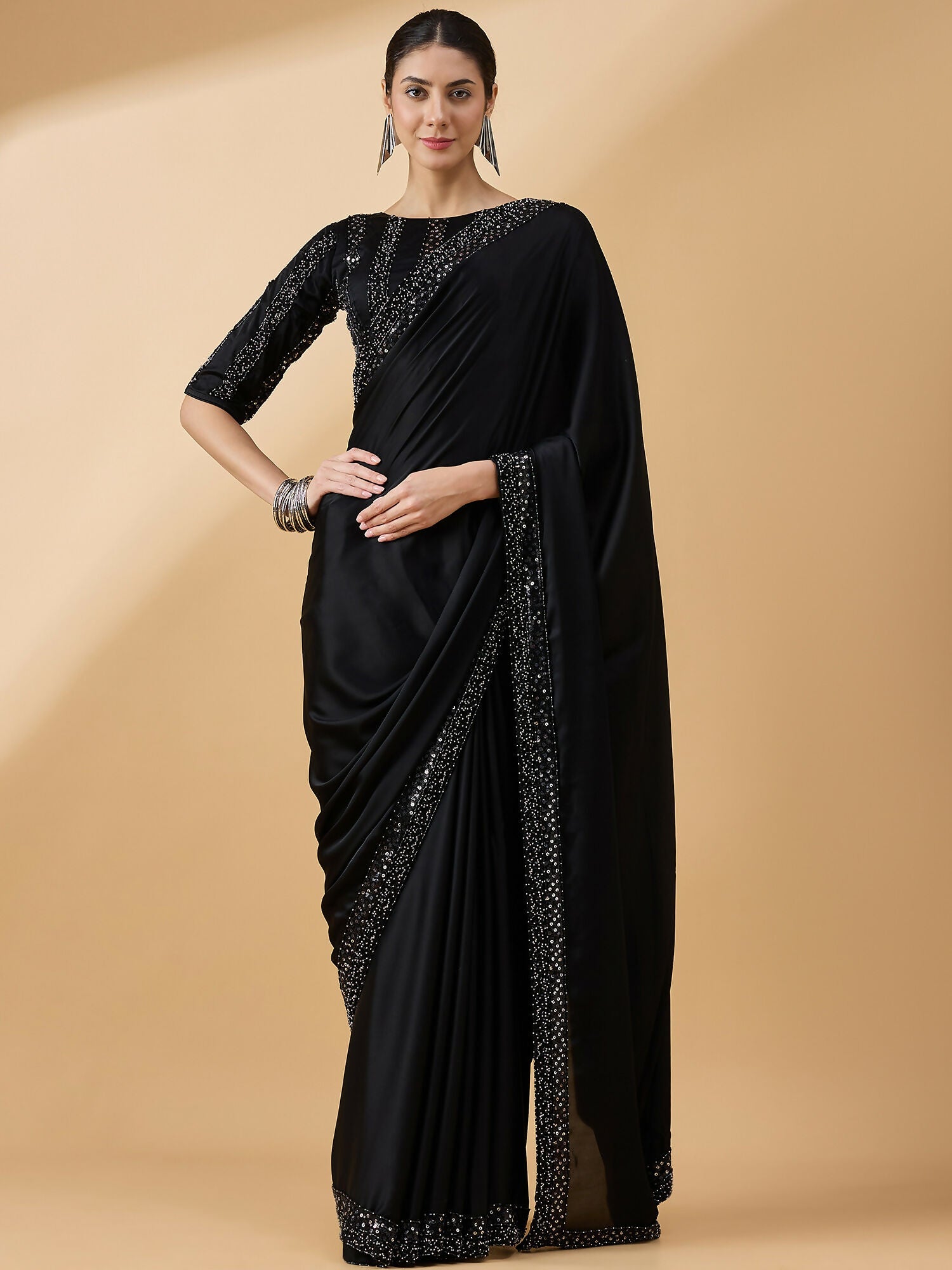 Black Satin Solid Sequence Work Saree with Stitched Blouse - Dharavi