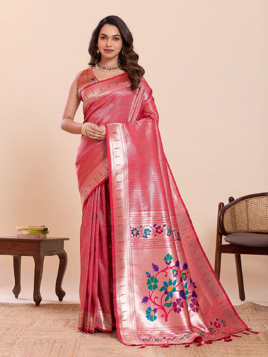 Dwija Fashion Red Wedding Wear Woven Lotus Motif Work Pure Soft Silk Saree With Unstitched Blouse