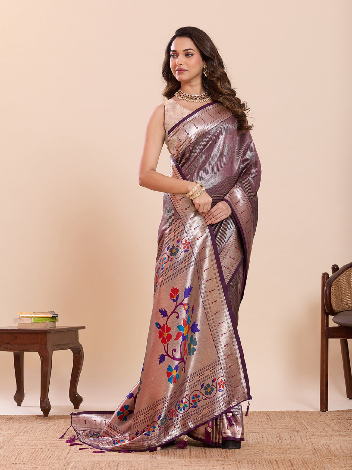 Dwija Fashion Purple Wedding Wear Woven Lotus Motif Work Pure Soft Silk Saree With Unstitched Blouse