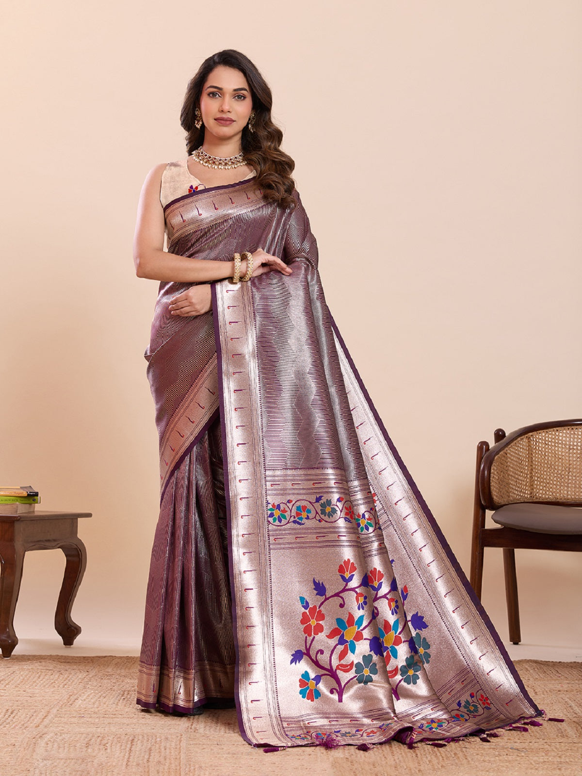 Dwija Fashion Purple Wedding Wear Woven Lotus Motif Work Pure Soft Silk Saree With Unstitched Blouse