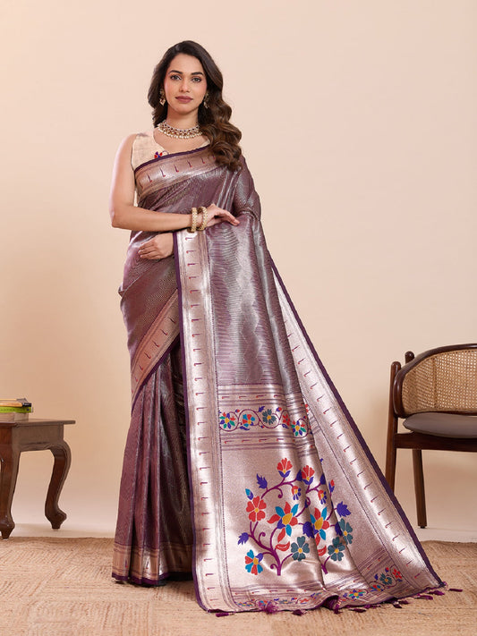 Dwija Fashion Purple Wedding Wear Woven Lotus Motif Work Pure Soft Silk Saree With Unstitched Blouse