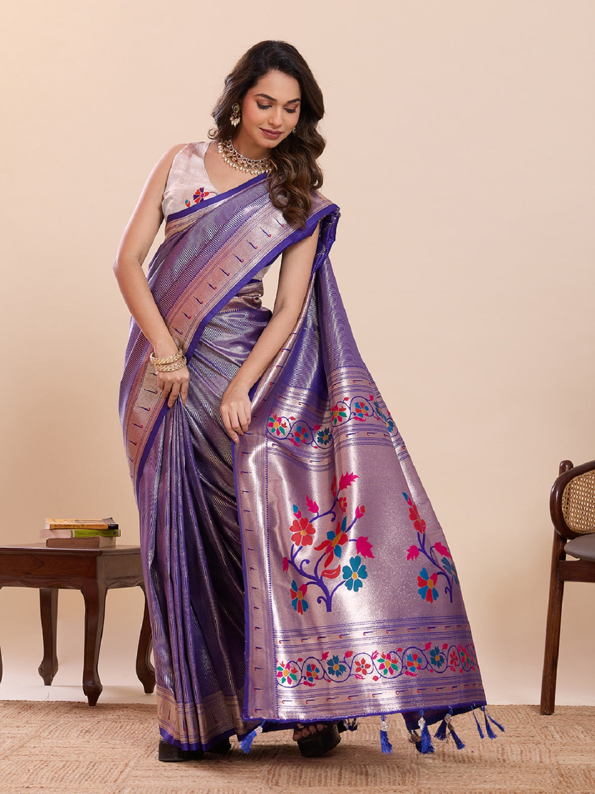Dwija Fashion Purple Wedding Wear Woven Lotus Motif Work Pure Soft Silk Saree With Unstitched Blouse