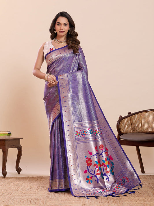 Dwija Fashion Purple Wedding Wear Woven Lotus Motif Work Pure Soft Silk Saree With Unstitched Blouse