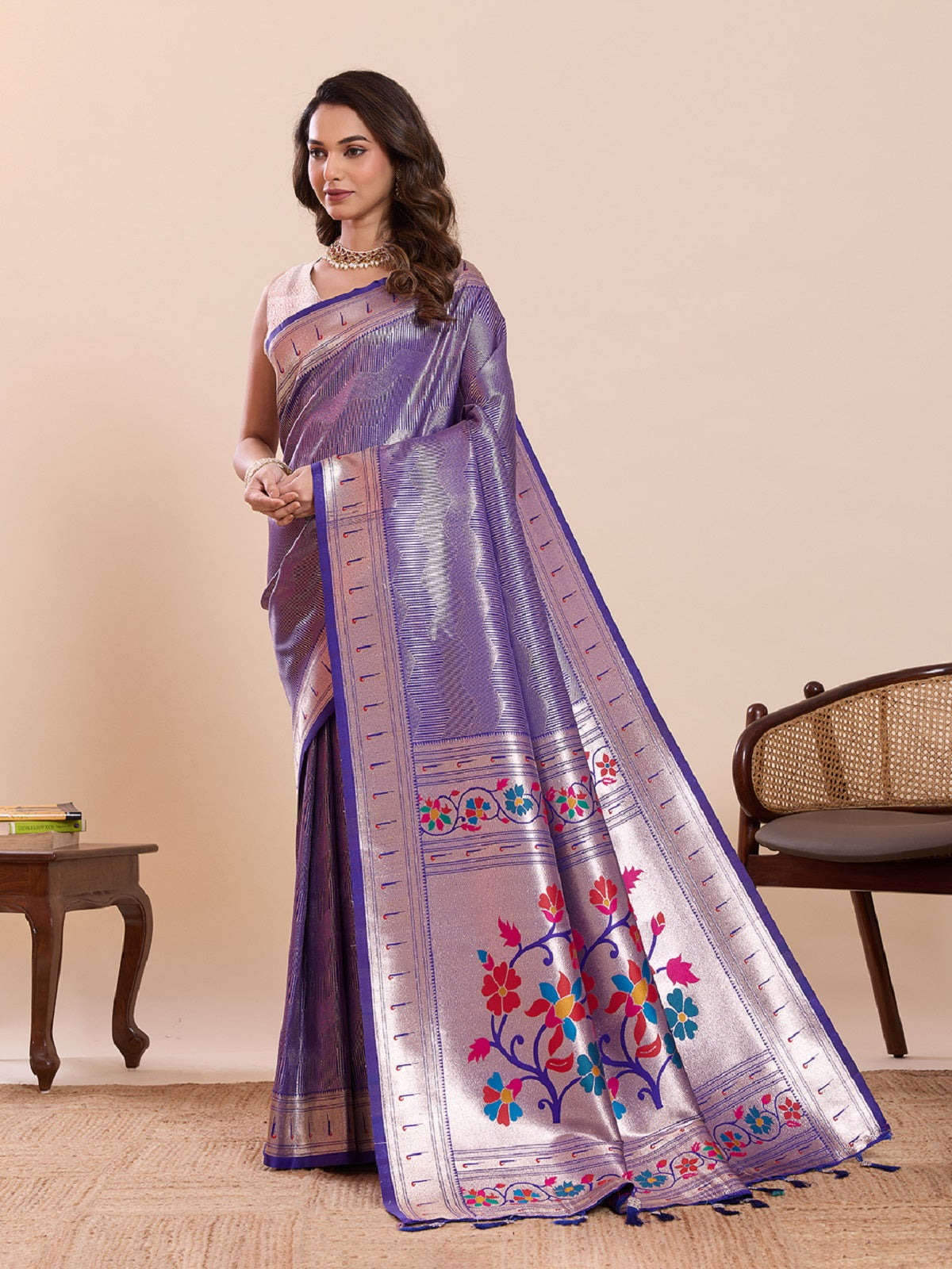 Dwija Fashion Purple Wedding Wear Woven Lotus Motif Work Pure Soft Silk Saree With Unstitched Blouse