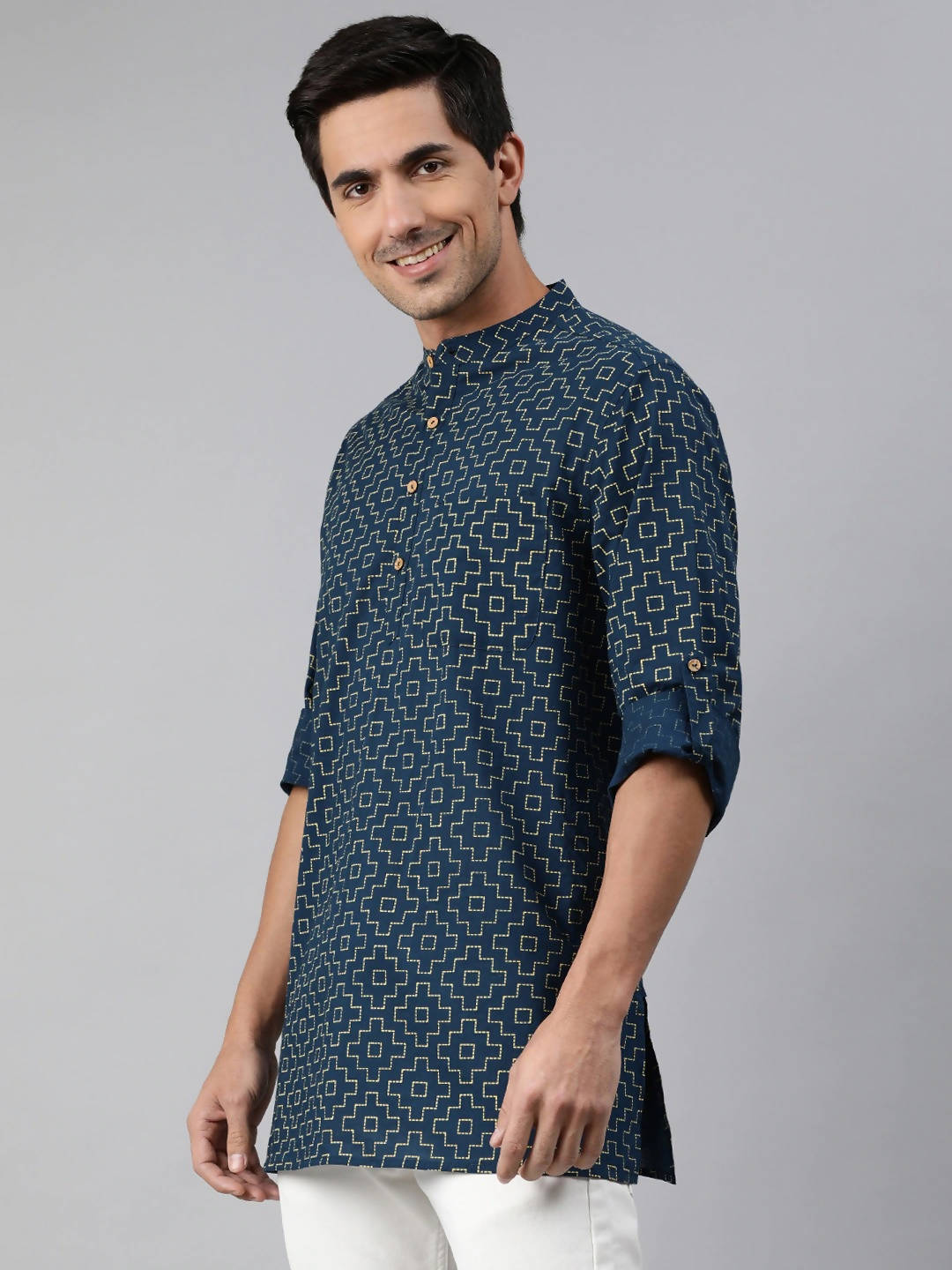 Janasya Men Navy Blue & Yellow Geometric Printed Kurta
