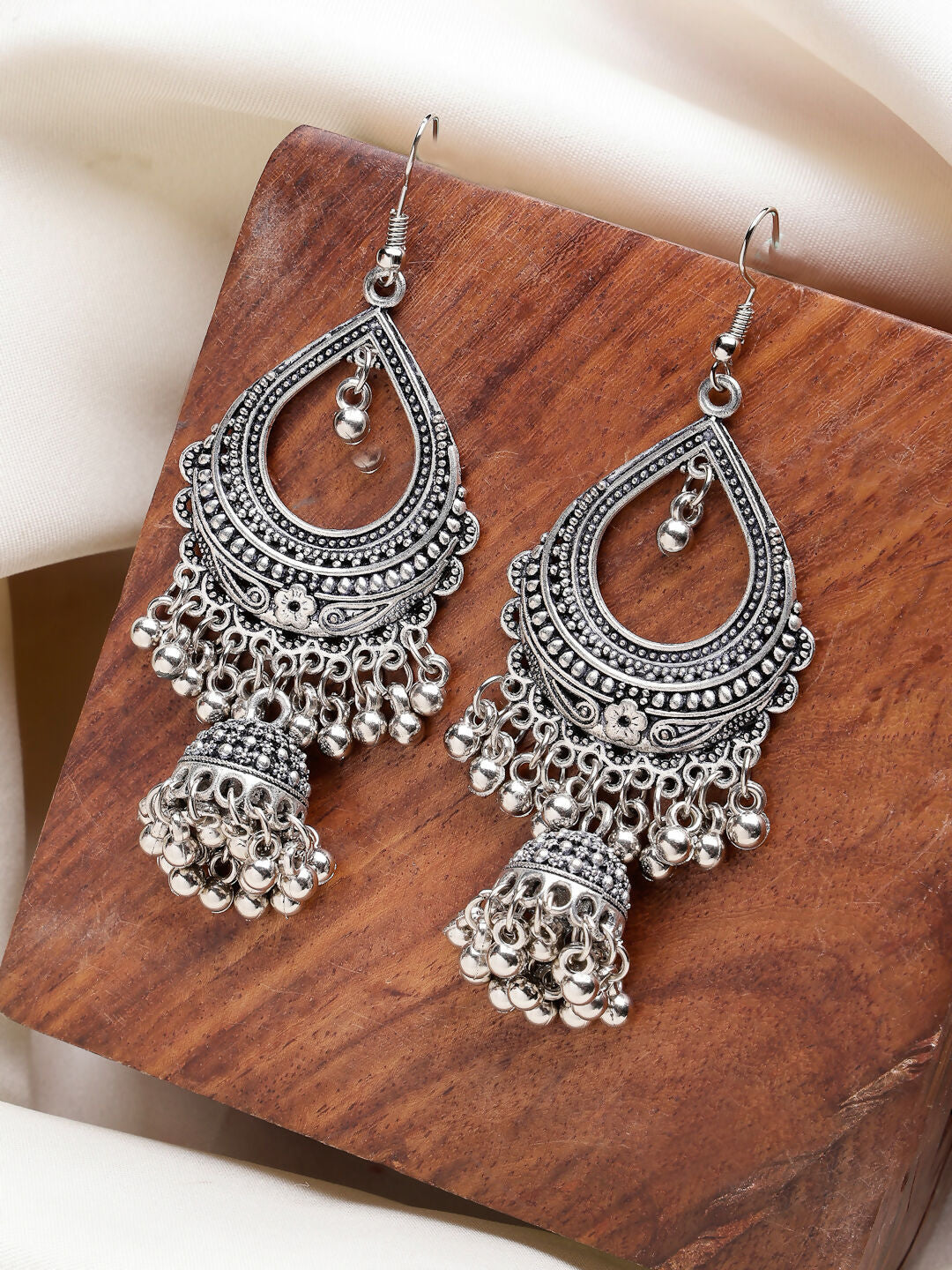 NVR Women's Silver-Plated German Silver Oxidized Jhumka Earrings 