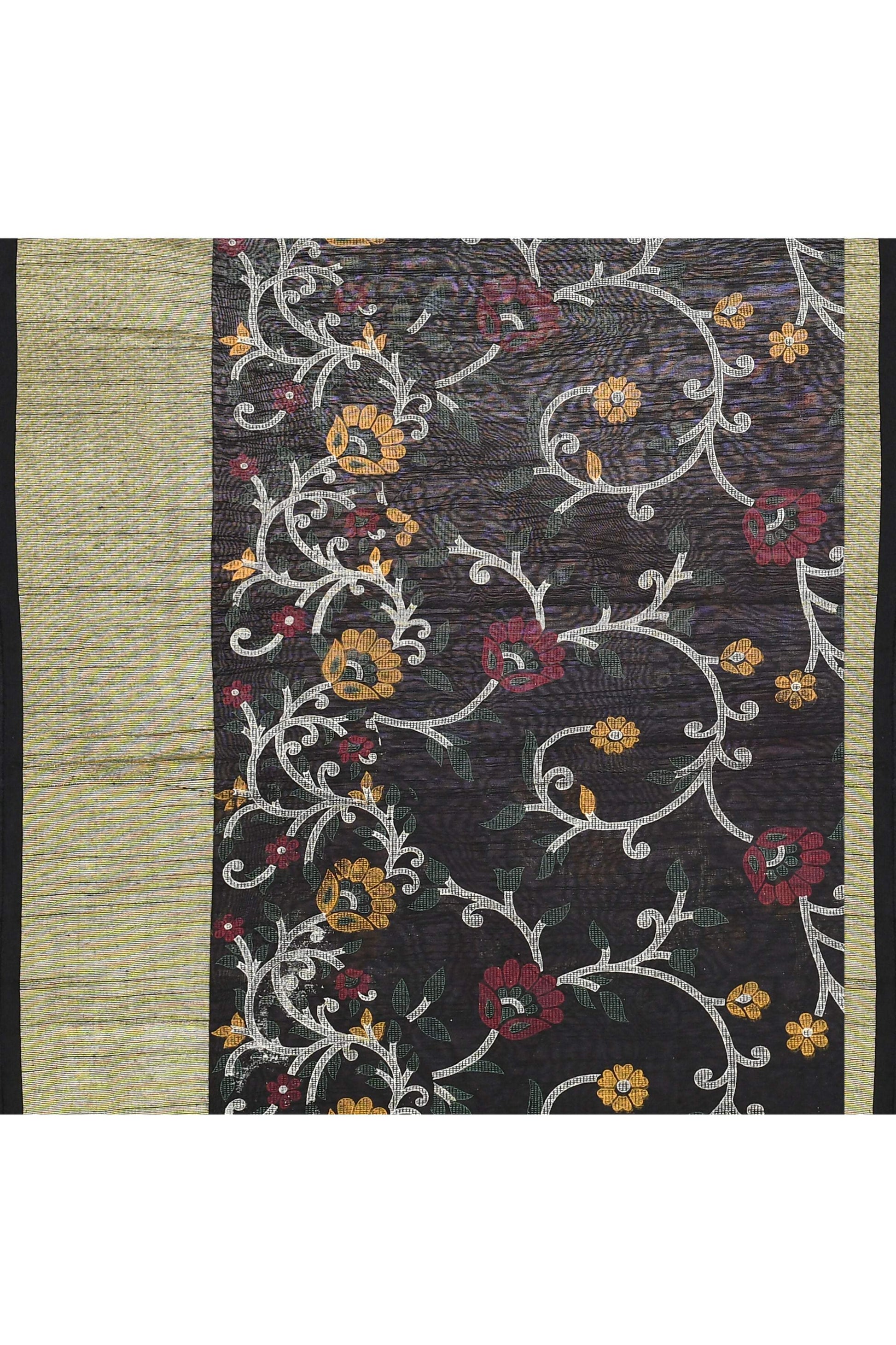 Piyari Fashion Women's Black Embellished Cotton Blend Printed Saree