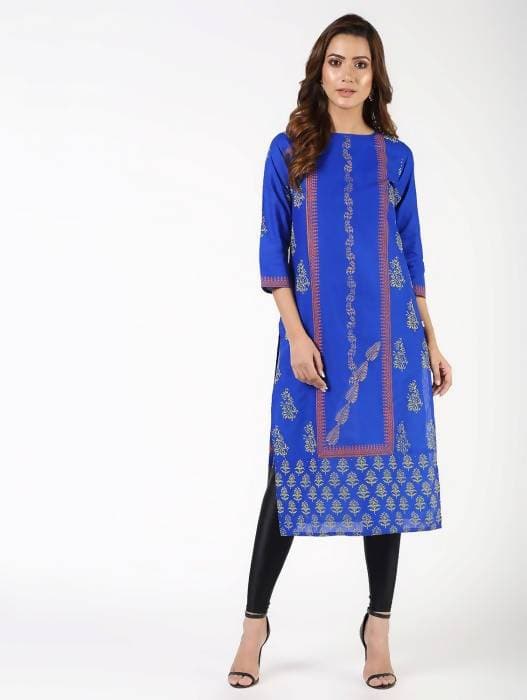 Aniyah Cotton Block Printed Straight Kurta Blue (AN-140K) 