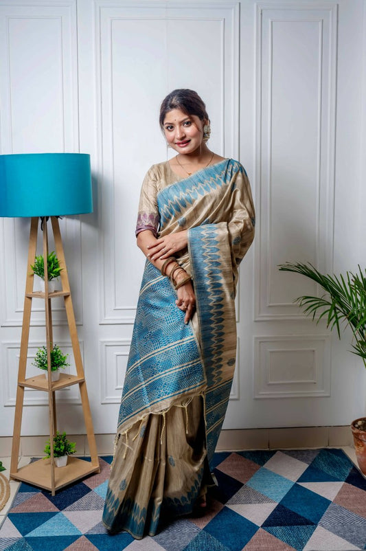 Aastha Fashion Blue Thread Woven Handloom Tussar Silk Saree with Blouse - Grab2buy