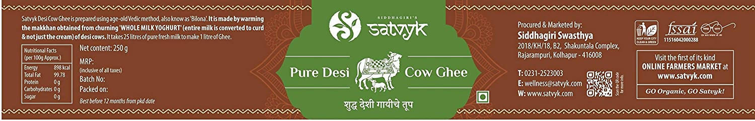Siddhagiri's Satvyk Organic Pure Desi Cow Ghee | Made with Cow's Milk | Pure organic ghee, traditionally-churned 