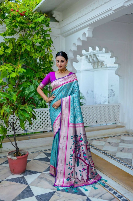 Aastha Fashion Teal Woven Kanjivaram Silk Saree with Blouse - Grab2buy