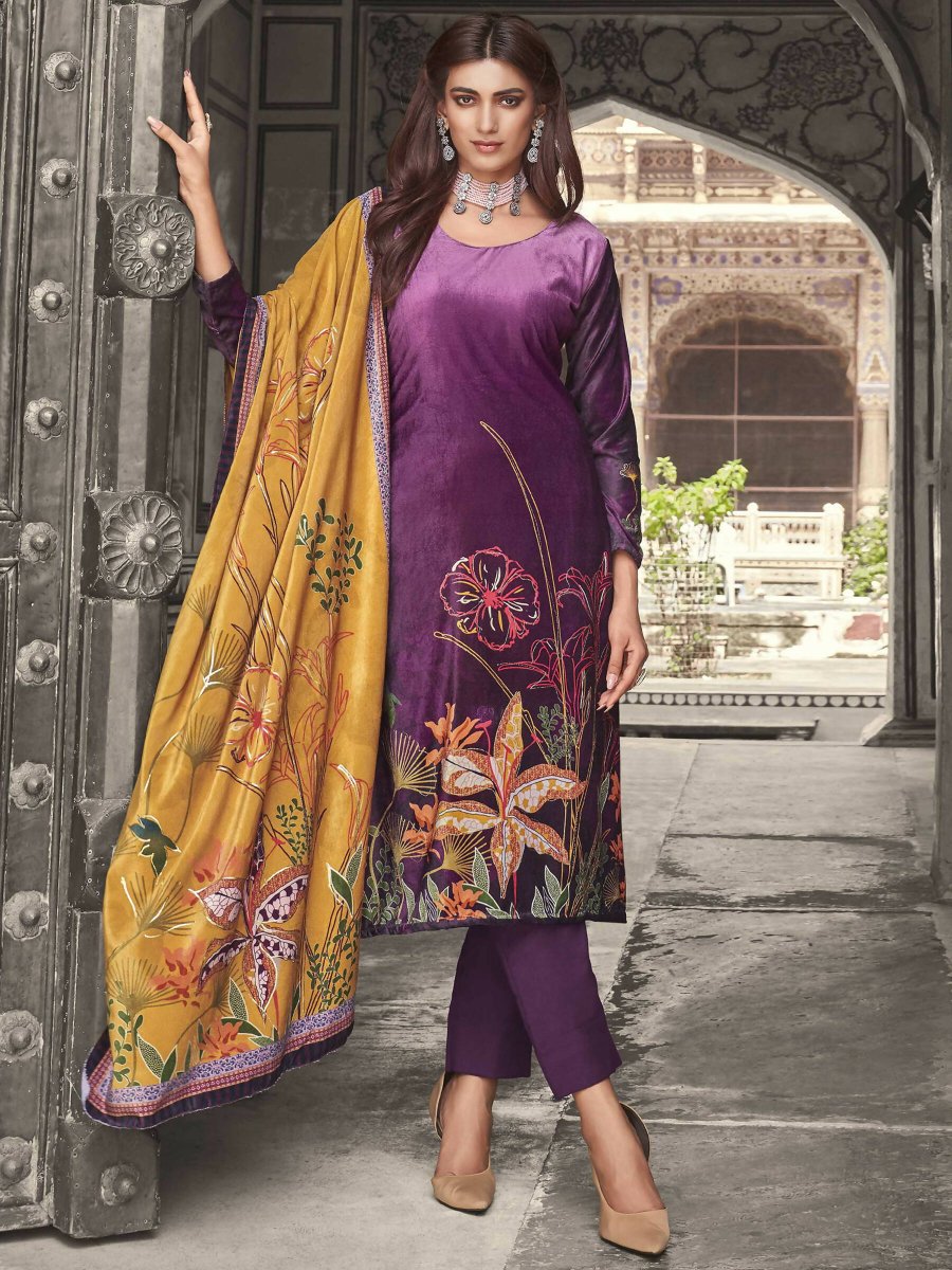 Aastha Fashion Women's Purple Velvet Floral Digital Printed Kurta with Trouser & Dupatta - Grab2buy