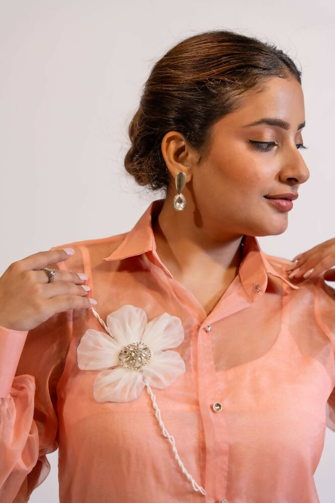 Timaraa Peach Coral Organza Shirt With Hand Embellished 3D Floral Motift  Grab2Buy Timaraa Grab2Buy