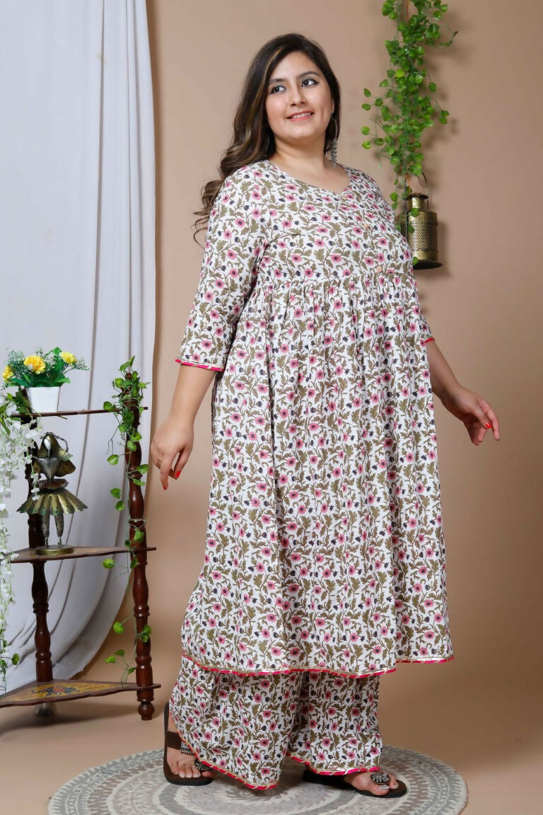Miravan Women's Cotton Floral Print Anarkali Kurta Sharara