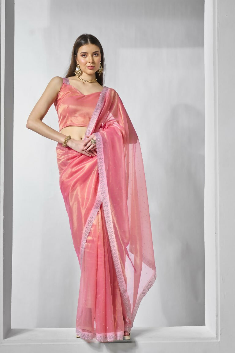 Pink Gold Tissue Net Solid & Gold Cotted Saree - Samaa