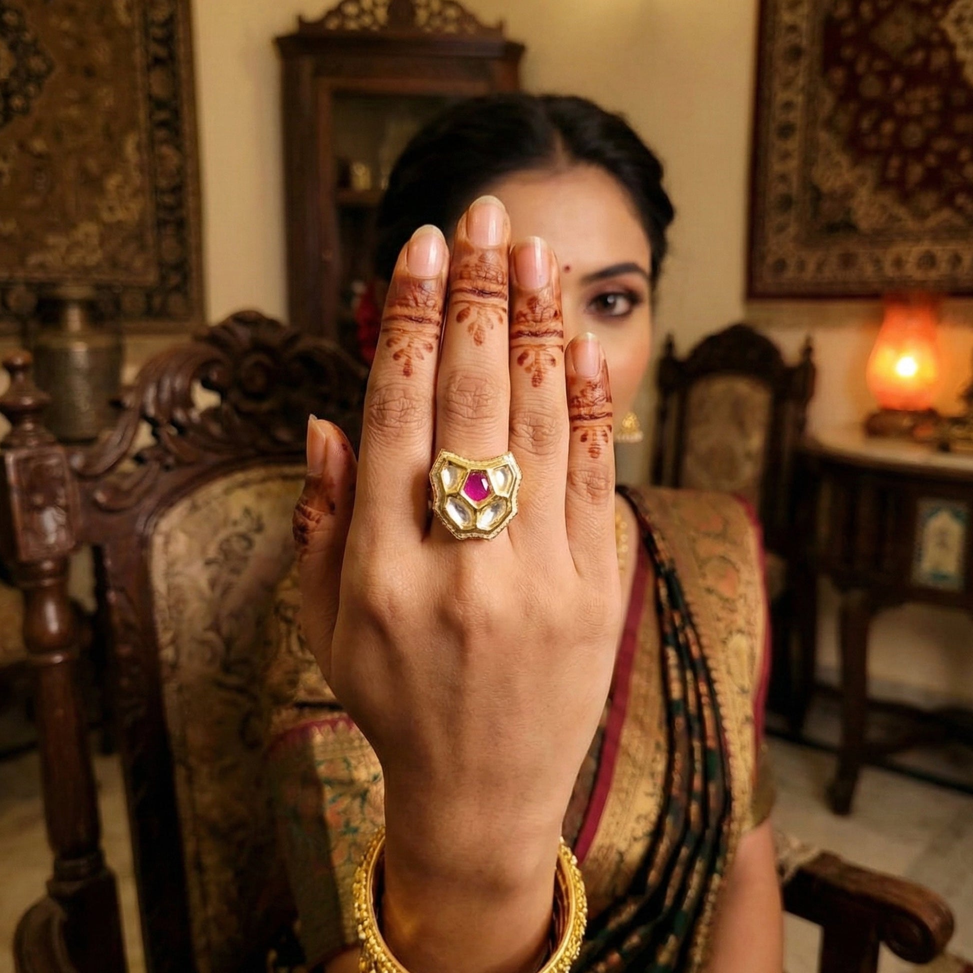 JS Fashion Traditional Kundan Finger Ring with Multi Center Stone High Adjustable Gold Finish for Women|Royal Statement Gift