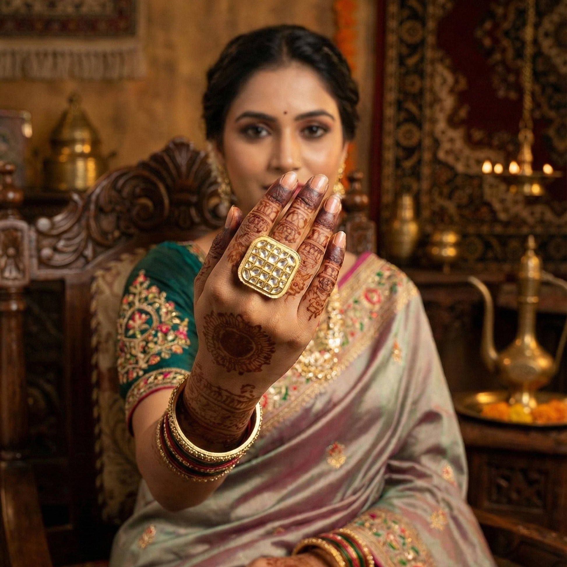 JS Fashion Square Kundan Adjustable Finger Ring High Gold Finish with Multi Stone Center for Women|Royal Square Gift