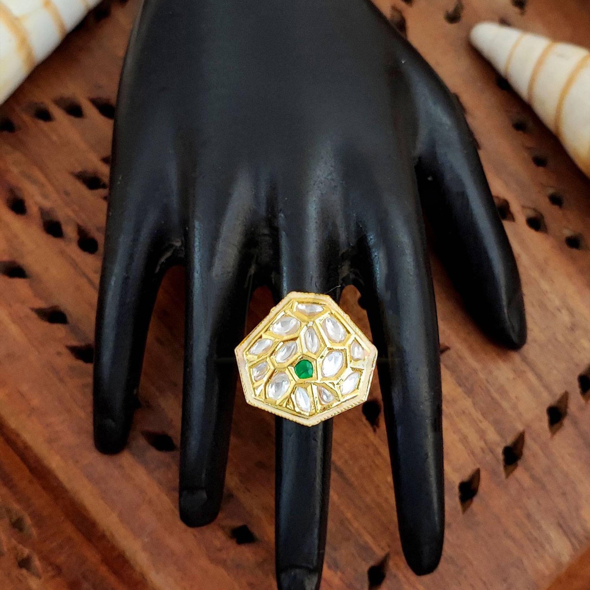JS Fashion Kundan Design High Gold Polish Fancy Adjustable Finger Ring for Women|Royal Fancy Ring Gift Set