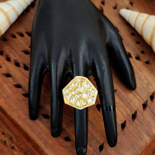 JS Fashion Classic Kundan Finger Ring High Gold Finish Adjustable for Women|Traditional Statement Ring Gift
