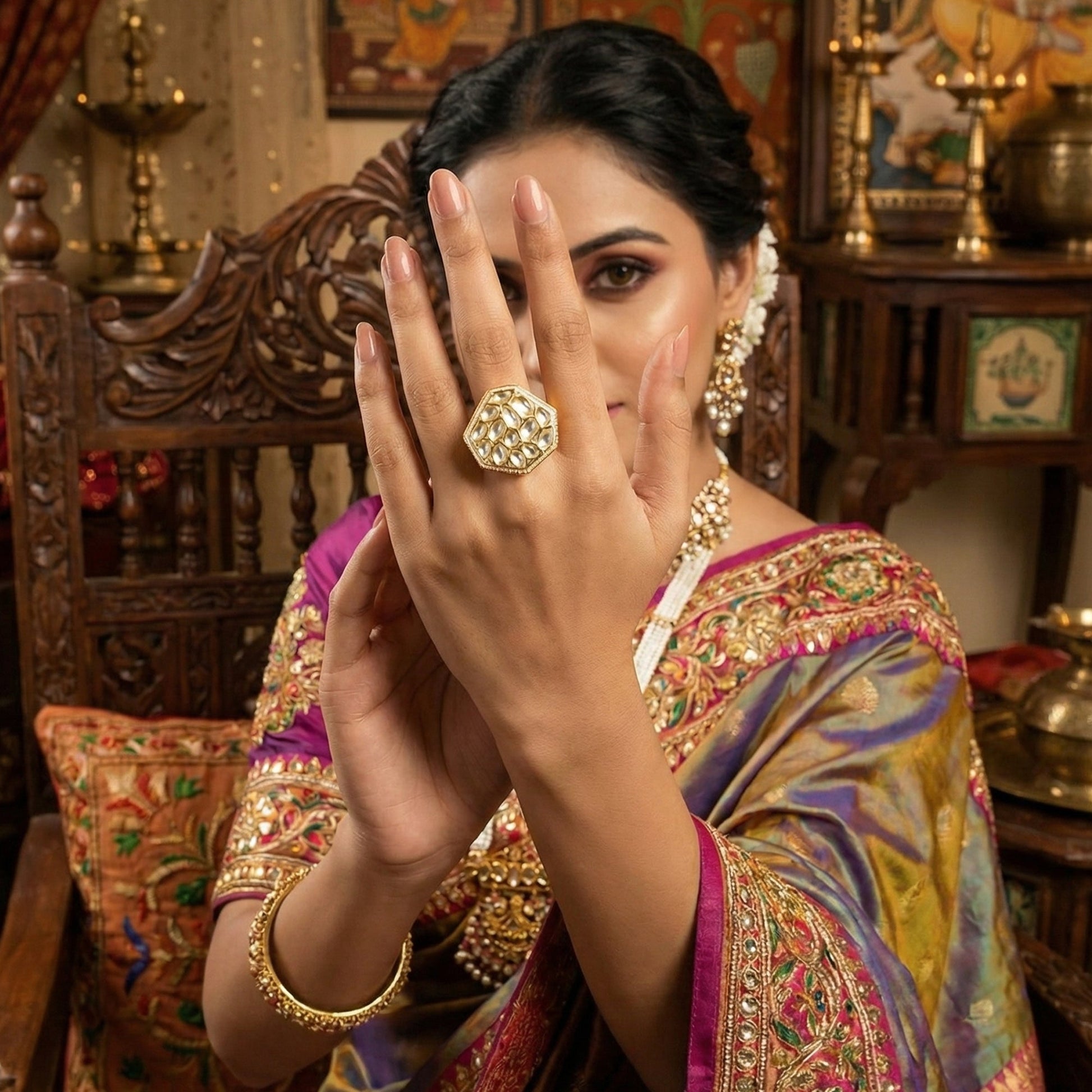 JS Fashion Classic Kundan Finger Ring High Gold Finish Adjustable for Women|Traditional Statement Ring Gift