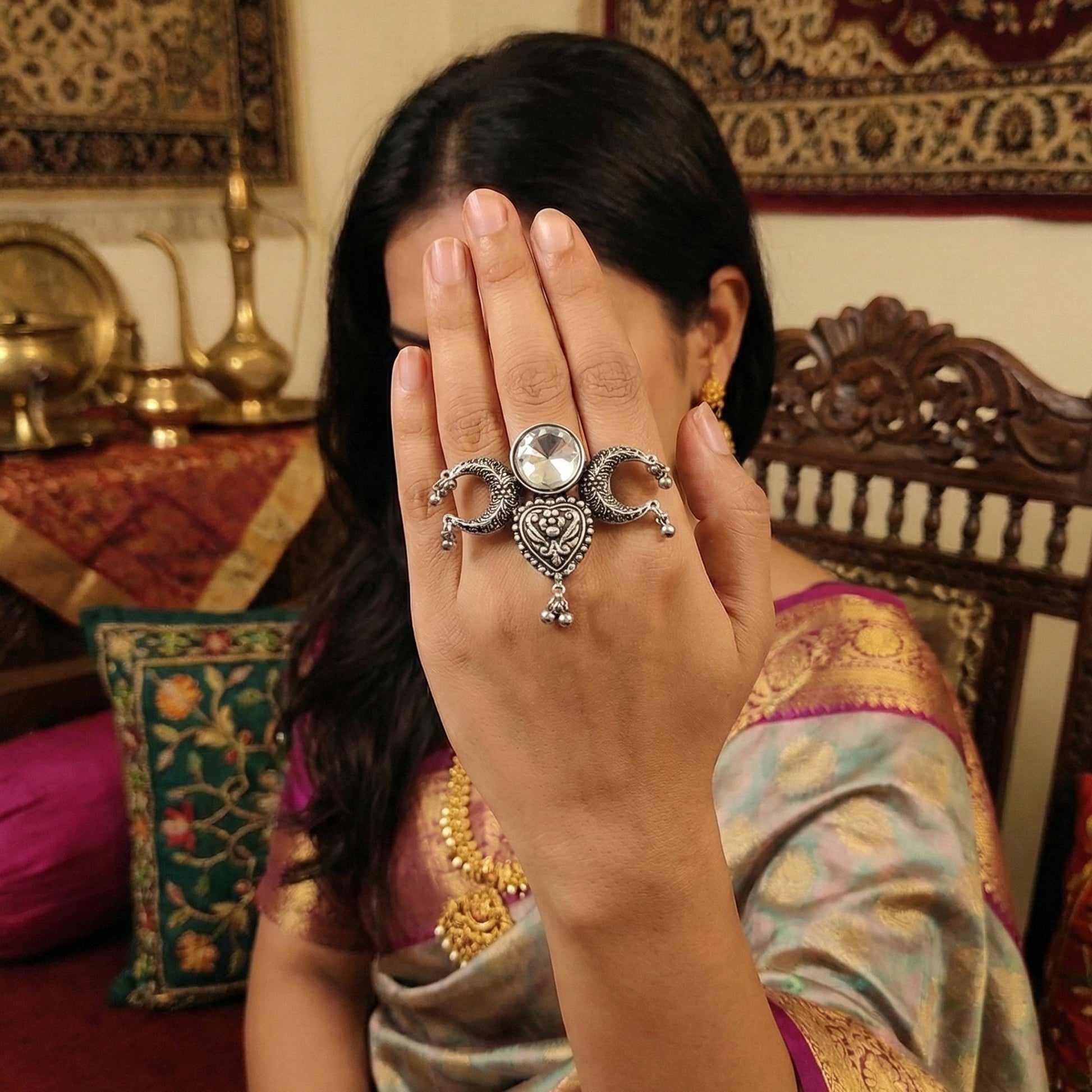 JS Fashion Antique Oxidized Silver Finger Ring with Drop Charm for Women | Adjustable Bohemian Ethnic Statement Jewellery for Party, Wedding & Festive | Vintage Dangler Ring Gift