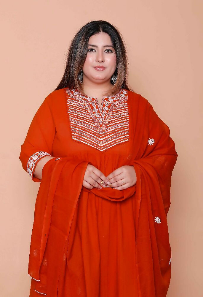 Miravan Womens Plus Size Floral Embroidered Rust Straight Cotton Kurta & Palazzo With Dupatta Set