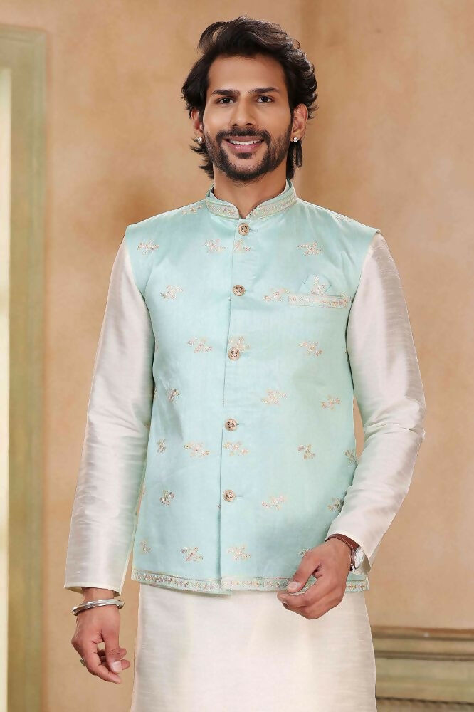 Raivat Ethnic Jacquard Banarasi Silk Woven Work 3 Pics Jacket Set In Pista Green Colour