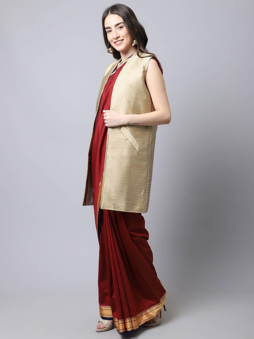 Even Apparels Beige Bansari Silk Open Front Women's Long Coat