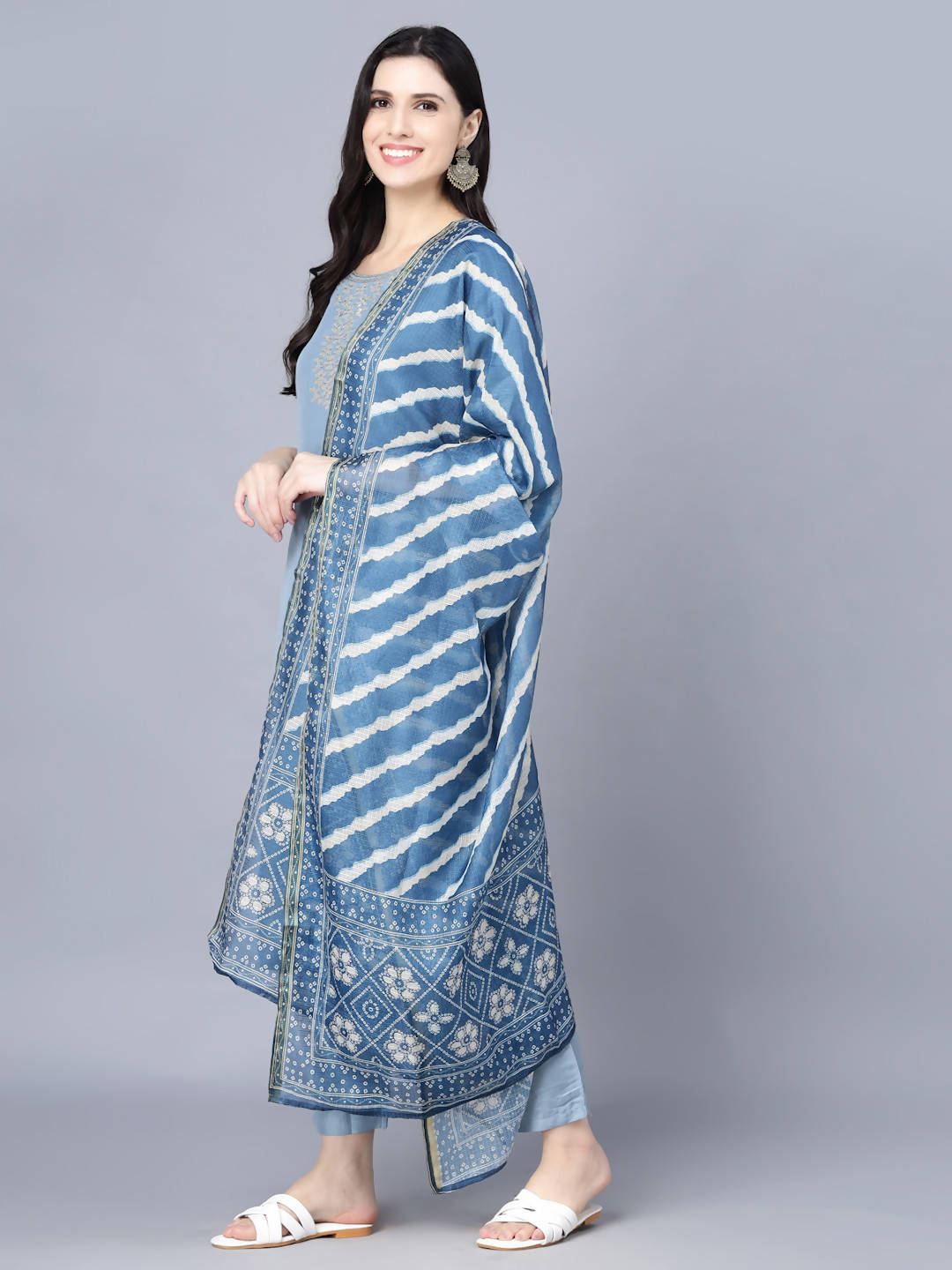 Myshka Women Blue Ethnic Motifs Panelled Kurta with Trousers With Dupatta