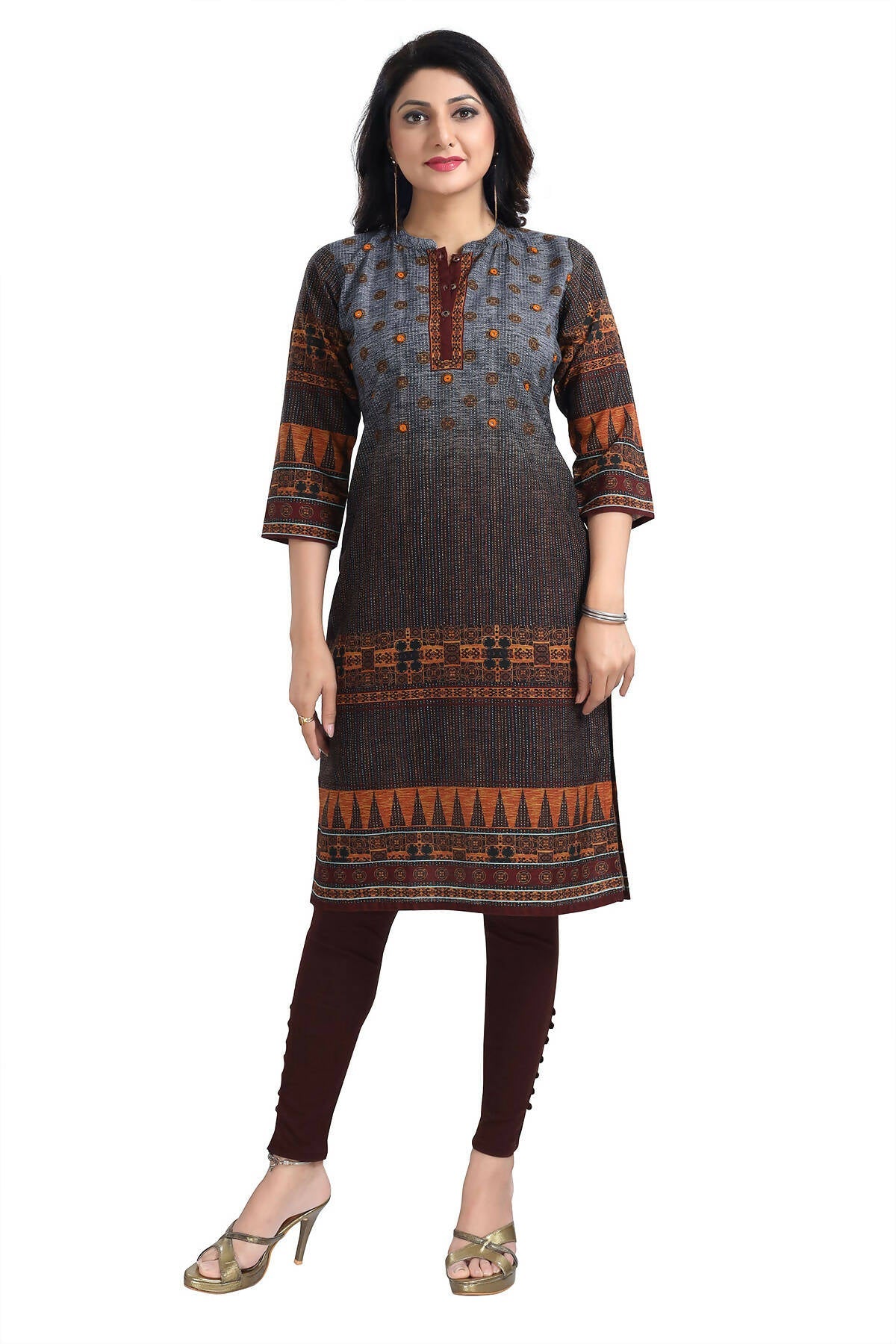 Snehal Creations Beautiful Brown Designer Print Cotton Slub Long Kurti Tunic