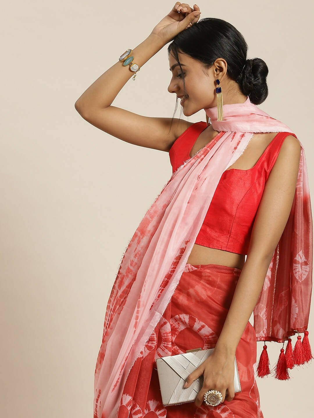 Red Organza Printed Saree With Blouse Piece - Nivaa