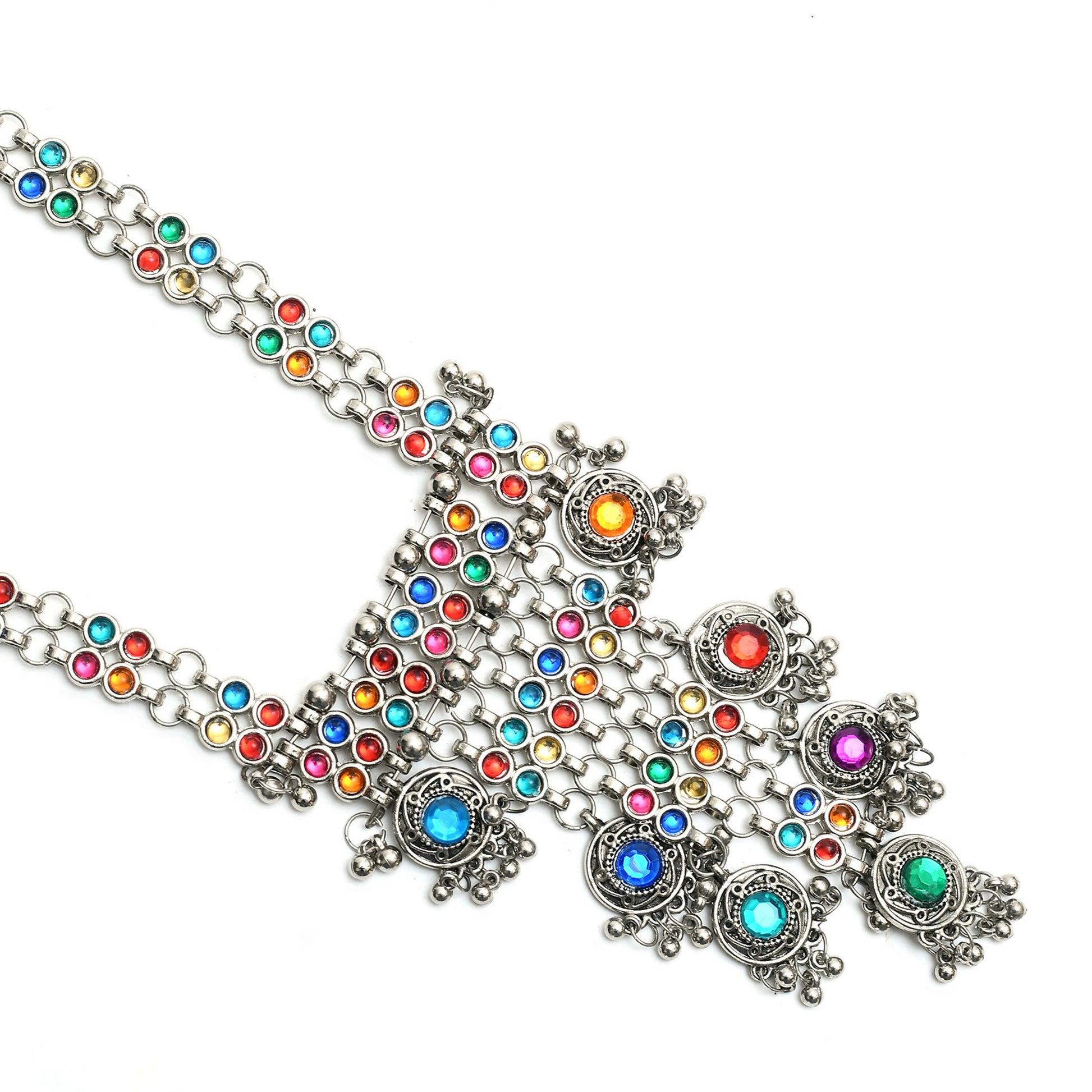 Mominos Fashion Johar Kamal Oxidised Silver-Plated Brass Finish Multi Kundan Afghani Long Necklace For Women - Grab2buy